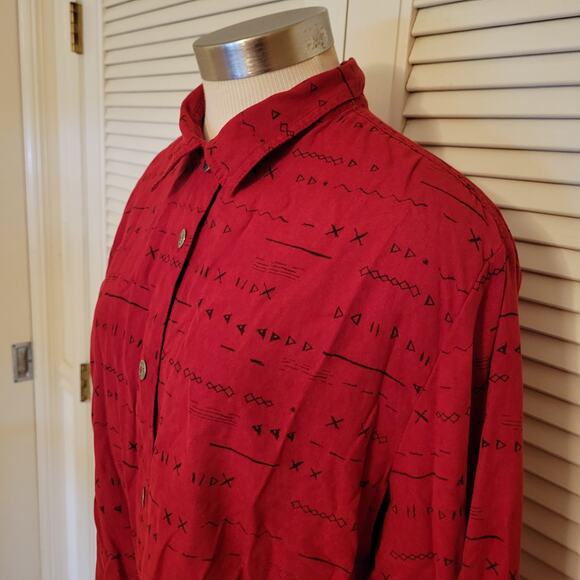 90s Abstract Print Red Plush Button Up Shirt Dressbarn XL Geometric Motif - Picture 2 of 7